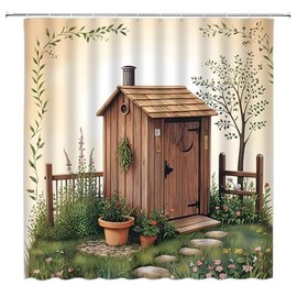 NYCCSM Outhouse Shower Curtain Vintage Primitive Country Backhouse Rustic Farmhouse Grass Garden Yard Fabric Bathroom Decor Sets with Hooks