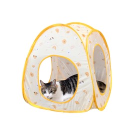 Andiker Cat Pop Up Tent, 3 Holes Safe and Strong Cute Cat Tunnel Collapsible Easy to Carry Cat House for Indoor Cats Kittens Hiding Playing Training Sleeping (Yellow Tent)