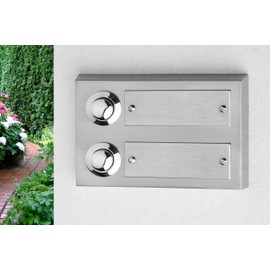 HUBER Surface-Mounted Bell Push Button 2 Compartments Made of Real Metal - Doorbell Push with Name Plate - Front Door Bell Surface-Mounted Brass - Bell Front Door 2 Compartments