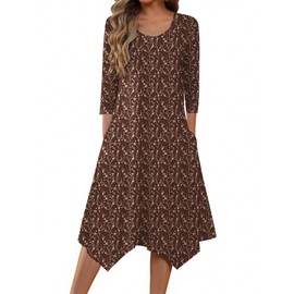 Zeagoo Womens 3/4 Sleeve Dress Midi Elegant A Line Formal Dresses Fall Flower Round Neck Dresses Business Casual Dress with Pockets Vestidos Casuales para Mujer Coffee