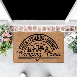 Qabliqo Camping Door Mat, Fires Friends Drinks Camping Crew Doormat for Camper RV Cabin Front Door Outdoor Outside Entrance Porch, Camper Welcome Mats Doormats Outside, 17x30 Inches