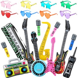 20Pcs Inflatable Instruments Party Props with Funny Sunglasses Set, Inflatable Rock Star Toy Guitar Saxophone Bass Microphones Recorder Piano Photo Booth, 80s 90s Rock N Roll Music Party Decorations
