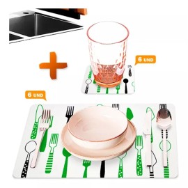 CL Juego 6 Manteles Para Mesa Con Portavasos De Fácil Limpieza