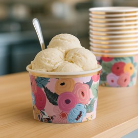 Prims & Flourish Paper Ice Cream Cups - 50-Count 9-Oz Disposable Dessert Bowls with Floral Patterns & Gold Foil