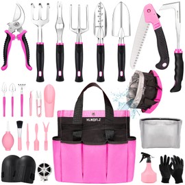 HLWDFLZ Pink Garden Tool Set Gardening Items for Women - 24PCS Heavy Duty Garden Tools with Detachable Storage Bag, Succulent Tool Set, Weeder