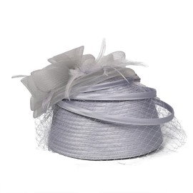 Woman Sinamay Fascinator Hat Pillbox Derby Hats Linen Feather with Veil Vintage Bridal Wedding Tea Party Cap, Gray, Medium