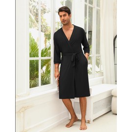 Ekouaer Men's Lightweight Kimono Spa Robe Knit Bathrobe Soft Sleepwear 3/4 Sleeve Loungewear with Pockets S-XXL