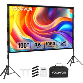 Outdoor Projector Screen and Stand: VOOPVOR 100 inch Portable Projector Screen Indoor - Upgraded Movie Screen 16:9 4K HD - Wrinkle-Free Lightweight Projection Screen with Carry Bag for Backyard Night