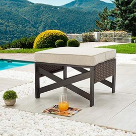 PatioFestival Outdoor Rattan Ottoman Patio Footstool Wicker Furniture End Tea Coffee Table Foot stools Seat with Cushion for Garden Porch Poolside Balcony (Brown)