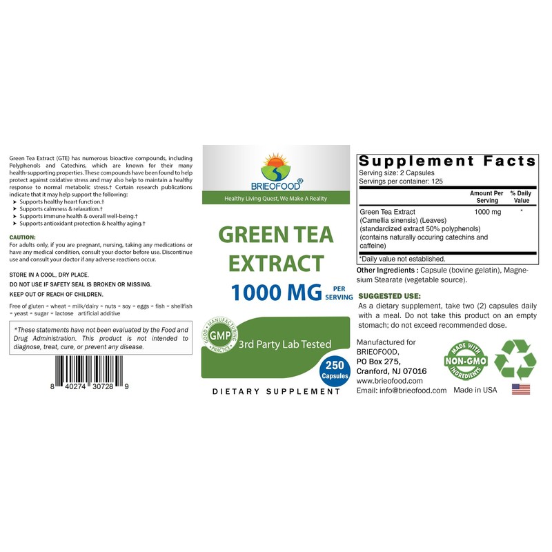Brieofood Green Tea Extract 1000 mg per Serving (Min 50%