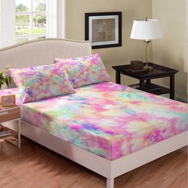 Erosebridal Kids Tie Dye Pink Fitted Sheet Batik Bedding Set For Children Boys Girl Women Watercolor Psychedelic Fitted Bed Sheet Ultra Soft Queen Size 1 Fitted Sheet With 2 Pillow Cases(No Top Sheet)