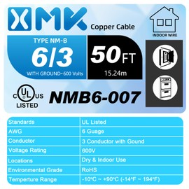 NM-B 6/3 Wire with Ground,50ft 6/3 NM-B W/G Wire 6 AWG Nonmetallic Sheathed NM-B Cable,Copper 6 Gauge 3 Conductor Residential Indoor Electrical Wiring for Branch Circuit Switches,Outlets,Other Loads