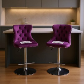 Purple Velvet Barstools Adjustable Height Chrome Base Swivel Tufted Back Home Pub Kitchen Island Set Of 2color: as Pic Color