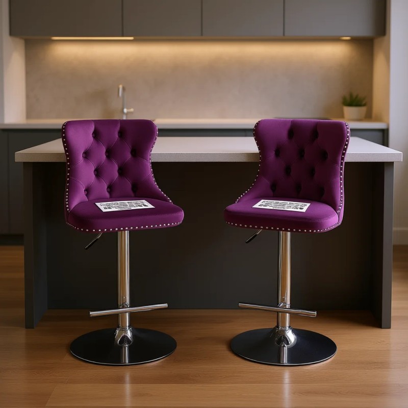 Purple Velvet Barstools Adjustable Height Chrome Base Swivel Tufted Back
