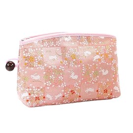 Kyoto Geimidou Nishijin Textile High-grade Gold Brocade Cosmetic Pouch, Japanese Pattern, Made in Japan, rabbit pink 02