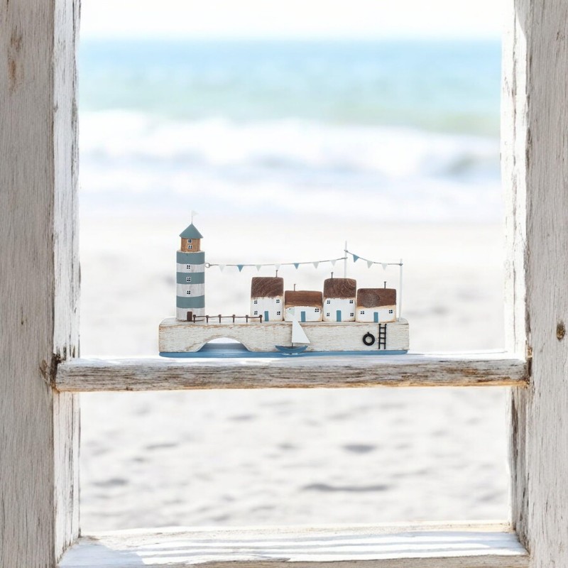 Shoeless Joe Quayside with Lighthouse/Handmade Small Pretty Seaside Decoration/Nautical Miniature