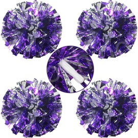 Hooshing 4PCS Purple and Silver Pom Poms Cheerleading with Plastic Handle for Sports Dance Team Spirit Party Performance