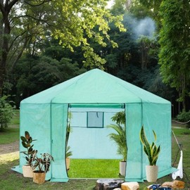 JvFun 13 x 8.6 FT Walk-in Hexagonal Greenhouse with Zipper Door & Window,Heavy Duty Outdoor Plant Tent for Winter Gardening,Plastic Flower Shed,PE Cover,Green