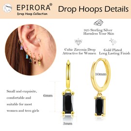 Sterling Silver Drop Hoop Earrings for Women, Small Gold Huggie Hoop Earrings with Dangle | Hypoallergenic Black Cubic Zirconia Dangling Cartilage Helix Tragus Earring Fashion Jewellery Girls Gifts