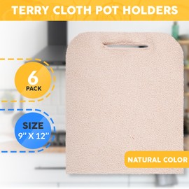 ABC Terry Cloth Pot Holders for Kitchen 9 x 12 Inch. Pack of 6 Natural Color Hot Pads for Kitchen. Washable Pot Holder with Hand Hole. Thick Cotton 460 F Heat Resistant Pot Holders