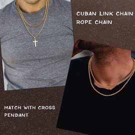 Yooblue Cross Necklace for Men, Stainless Steel Gold Layered Rope Chain Cross Pendant Necklace Jewelry, Gold Cuban Link Chain for Men Cross Chain for Men, Gold Chain for Mens