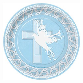 Unique Party 29915 - 23cm Blue Dove Cross Paper Christening Plates, Pack of 8