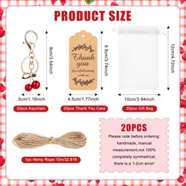 20 Set Cherry Keychains Party Favor,Cherry Keyring Charm with Thank You Tags Organza Bag Hemp Rope for Guests Baptism Baby Shower Wedding,Aesthetic Accessories Souvenir Present for Party Decor Supply