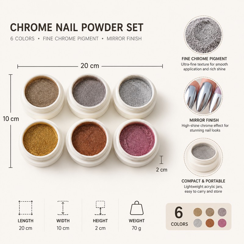 6-Piece Chrome Nail Powder Set for Manicure Art – Metallic