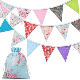 Orifinter Floral Bunting, 24PCS Fabric Bunting + Drawstring Bag, Reusable Vintage Bunting Flags for Mothers Day, Afternoon Tea Stands, Garden Party, Birthday, Vintage Festival, Spring Decorations