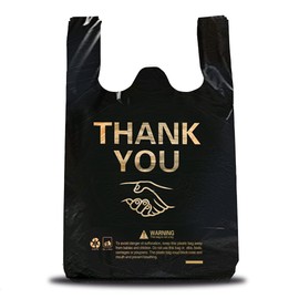 50 pcs Thank You Plastic Grocery Bag Reusable T Shirt Bags for Store Shopping Disposable To Go Food Bag Bulk 12"x19" - Black