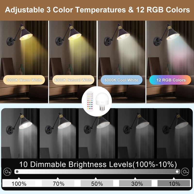 TRLIFE Rechargeable Battery Operated Wall Sconce, Dimmable and Adjustable Color
