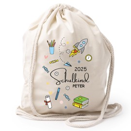AMBERGER DESIGN by A&M Osterhage amd Personalisierter Turnbeutel Schulkind 2025 – Geschenk zur Einschulung mit Name – Kita & Schule – Jungs & Mädchen – Sportbeutel mit Motiv – Beige