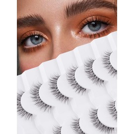 Natural Lashes False Eyelashes 12 MM Short Lashes WIspy 3D Volume Fake Eyelashes Pack C Curl Soft Eye Lash Strips with Thin Cotton Band 7 Pair False Lashes Siligli