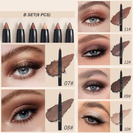 6 Color Shimmer Eyeshadow Pencil Set, Brown Glitter Eye Shadow Stick Crayon for Easy Application, Long-Lasting Waterproof Makeup Gift Set for Eye Makeup Beginners and Professionals