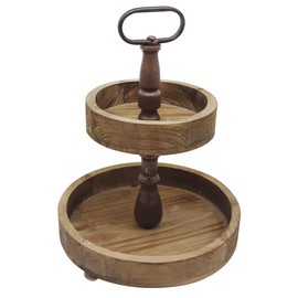 CVHOMEDECO. Rustic 2 Tiered Tray Stand Farmhouse Wood Serving Tray Stand with Metal Decorative Handle for Home Kitchen Bathroom Coffee Bar Decor.