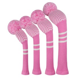 Pink Diagonal Stripes Knit Woods Golf Head Covers, Set of 4, Fit Driver (460CC) Fairways hybrid/UT, with Rotating Number Tag, Female