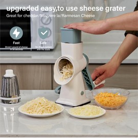 Rotary Cheese Grater hand crank 3 blades with Stronger Suction Base | Stainless Steel Blades for Fruits, Vegetables, Nuts. Dishwasher Safe & Easy to Clean, White