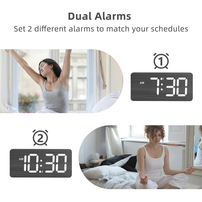 Wooden Digital Alarm Clocks for Bedrooms: Dimmable Dual Alarm Clock
