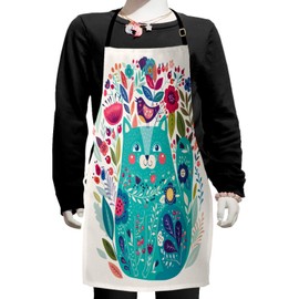 Ambesonne Cat Apron, Kitty Surrounded by Birds Flowers Ladybugs Inspirational Folk Theme, Small Apron Bib with Adjustable Ties for Baking Painting, Small Size, Multicolor Seafoam