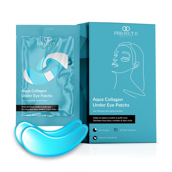 Aqua Collagen Under Eye Patches by Project E Beauty | Reduce Dark Circles Puffy Eyes Undereye Bags | Anti-Ageing Eye Masks | Reduce Fine Lines and Wrinkles | 20 Pairs