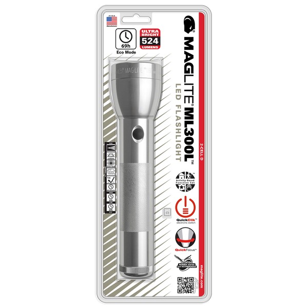 Maglite ML300L LED 2-Cell D Flashlight, Silver