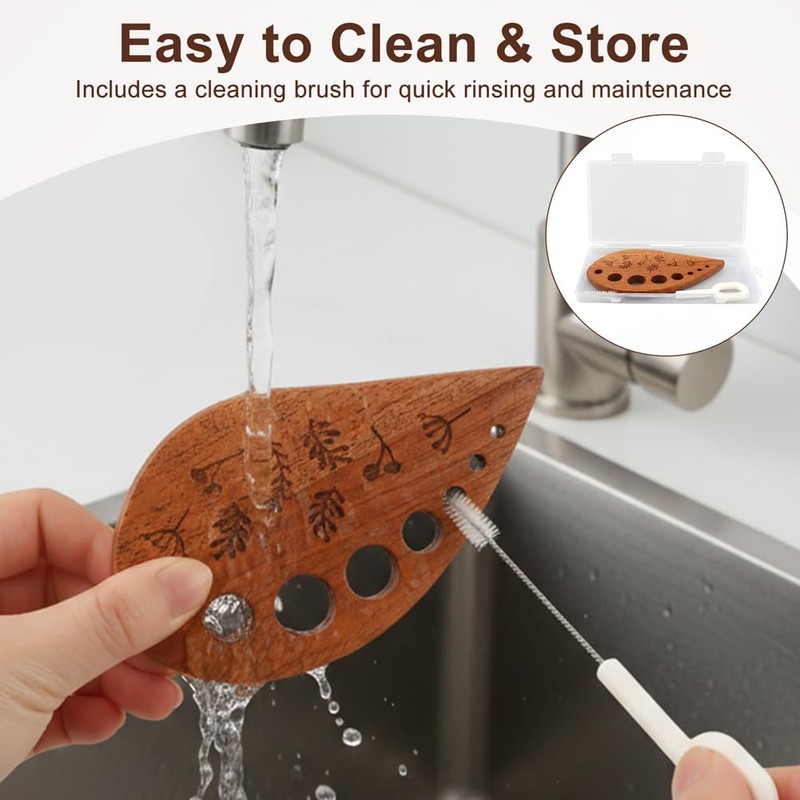 Wooden Herb Stripper Tool 8-Hole Leaf Separator with Cleaning Brush