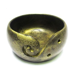 Premium Solid Dark Hard Wood Crafted Wooden Portable Antique Brass Green Yarn Bowl | Knitting | Crochet Holder | Hind Handicrafts (6 x 6 x 3 inch)