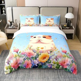 Feelyou Guinea Pig Duvet Cover 100% Cotton Twin Size, Cute Guinea Pig Comforter Cover Cartoon Guinea Pig Bedding Set for Kids Boys Girls Cute Animal Bedspread Cover Zipper(No Comforter)
