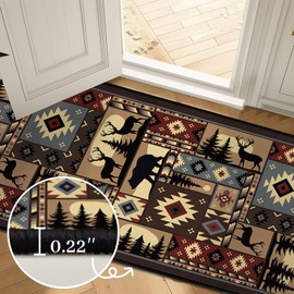 Rustic Rug for Living Room,Cabin Wildlife Area Rug 5x7,Buffalo Plaid Bear Moose Deer Country,Washable Throw Carpet Vintage Carpets Runner Indoor Non Slip Accent Floor Mats for Bedroom,Kids Playroom