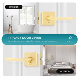 Heittis 1 Pack Door Levers Door Knobs Interior in Satin Brass Finish, Bedroom Bathroom Privacy Door Handles Interior Gold Locksets Keyless, Universal Handing with Square Door Knobs