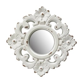 Musanpou Handcarved Floral Wall Mirror Decoration, 11.8-inch Worn-Out White Country Wood Mirror, Used for Room Decoration, Home Decoration, Bedroom, Living Room, Bathroom, Kitchen