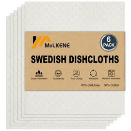 MoLKENE Swedish Dishcloths for Kitchen | 6 Pack Absorbent Cellulose Sponge Cloths Washable | Non-Scratch Reusable Paper Towels Quick Drying Cleaning Cloths - White