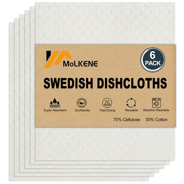 MoLKENE Swedish Dishcloths for Kitchen | 6 Pack Absorbent Cellulose