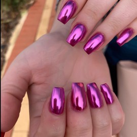 Purple Chrome Square Press on Nails Short Medium,KQueenest Mirror Metal Plating False Acrylic Nails Press Ons,Metallic Fake Nails,Glue on Nails Medium Length,Glossy Stick on Nails in 24PCS